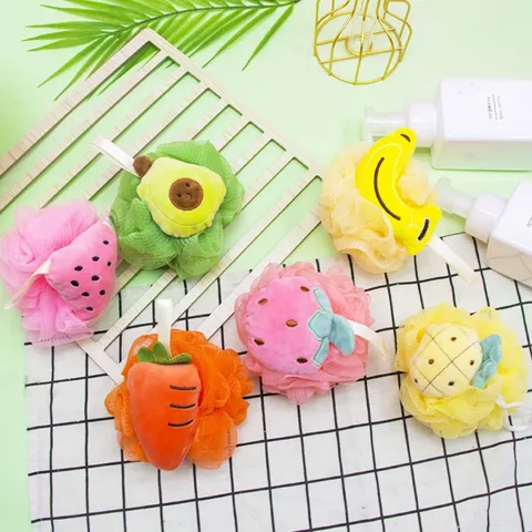 Korean Style Cute Cartoon Fruit Bath Sponge Soft Mesh Bath Ball With Hanging Strap Shower Body Cleaning Puff For Women