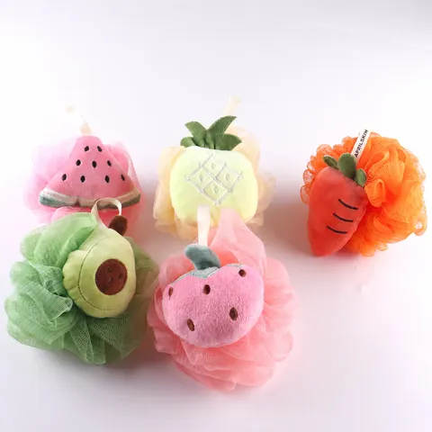 Schattige Fruit Bad Spons Bal Zachte Mesh Loofah Met Pluche Speelgoed Decoratie Hangende Band Lichaam Douche Reiniging Scrub Tool