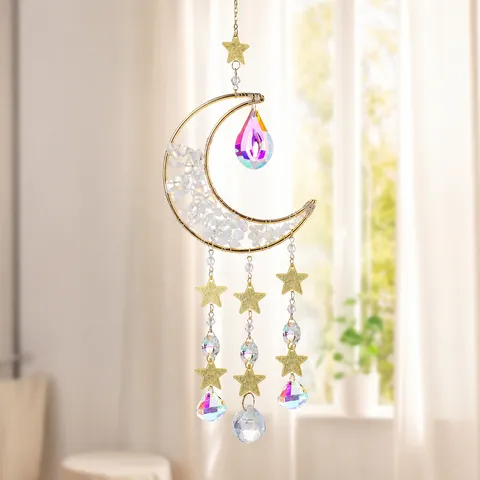 Leichter Luxus Kreativer DIY Kristall Sonnenfänger Goldenner Mond Stern Stein Windspiel Hängender Anhänger