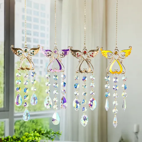 Kristall Sonnenfänger Weihnachtsengel Windspiel Anhänger Gold Metall Regenbogen Prisma Hängendes Ornament Für Garten Fenster Heimdekoration