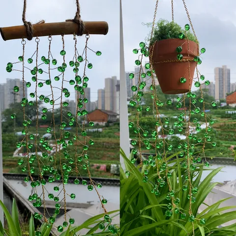 Carillon Éolien en Perles de Cristal Fait Main Attrape-Soleil Bonsaï Suspendu Décor Pot en Céramique Branche de Bois Ornement de Jardin Créatif
