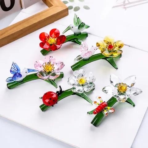 Verre Cristal Fleur Et Animal Figurine Bureau Bureau Ornement Coloré Facetté Cristal Artisanat Décoration Maison Cadeau
