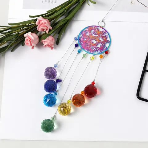 Crystal Butterfly Wind Chime Sun Catcher Rainbow Hanging Pendant Colorful Metal Geometric Garden Decor Gift
