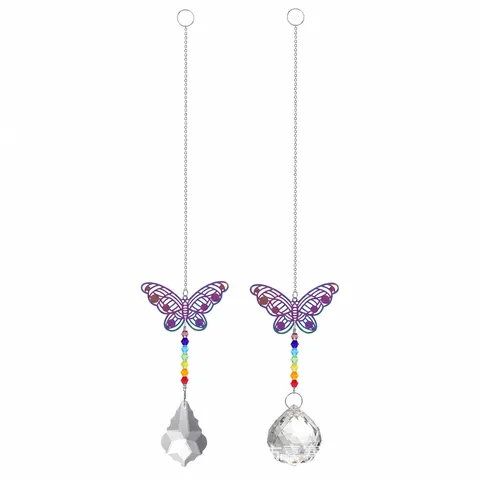 Attrape-Soleil Carillon Éolien en Cristal Pendentif Papillon Libellule Phalène en Métal Coloré Boule de Cristal Décoration de Fenêtre de Jardin