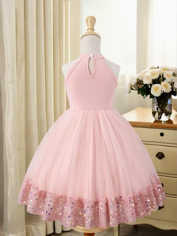 Abito da Bambina in Tulle Rosa con Paillettes Estivo Senza Maniche a Fascia Abito da Principessa per Compleanno Festa Matrimonio