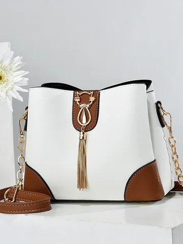 Borsa a Secchiello in Pelle PU da Donna Borsa a Tracolla Casual alla Moda con Catena Serratura e Nappa Tinta Unita Borsa a Mano Quotidiana