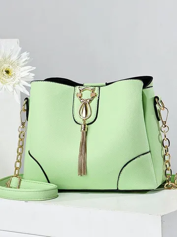 Borsa a Secchiello in Pelle PU da Donna Borsa a Tracolla Casual alla Moda con Catena Serratura e Nappa Tinta Unita Borsa a Mano Quotidiana