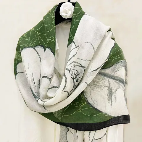 Sciarpa Lunga da Donna in Misto Cotone Stampa Floreale Camelia Scialle Vintage Morbido Caldo Autunno Inverno Protezione Solare