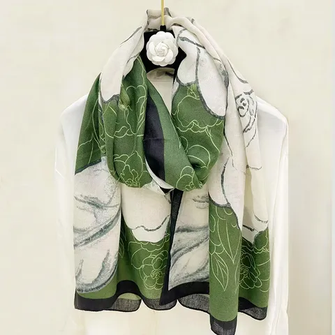 Sciarpa Lunga da Donna in Misto Cotone Stampa Floreale Camelia Scialle Vintage Morbido Caldo Autunno Inverno Protezione Solare