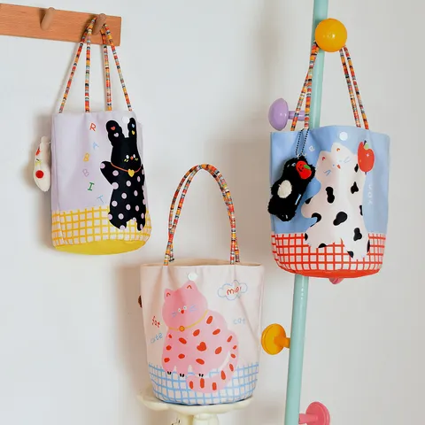 Cute Cartoon Animal Printed Velvet Handbag Polka-Dot Cat Tote Bag Children Sundry Bag Souvenir Gift Bag