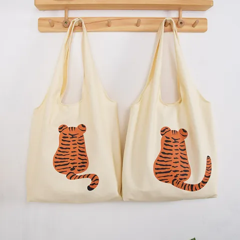 Casual Canvas Tote Bag For Women Large Capacity Shoulder Bag Cute Cartoon Tiger Print Shopper Bag Handbag