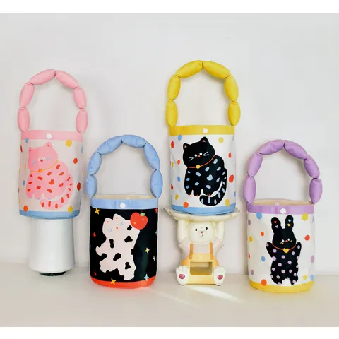 Kids Cute Cartoon Cat Print Plush Handbag Polka Dot Velvet Cylinder Tote Bag Children Daily Outing Storage Hand Bag