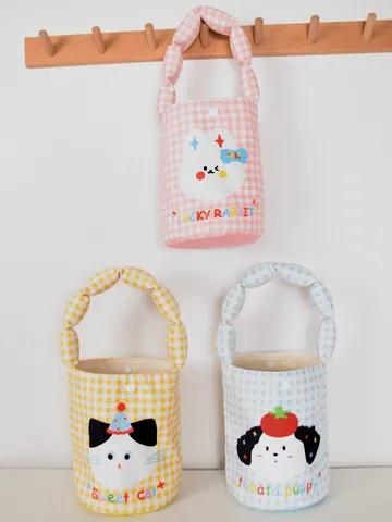 Cute Cartoon Animal Plaid Canvas Tote Bag Kids Kawaii Flannel Handbag Portable Sundries Storage Bag Kindergarten Gift