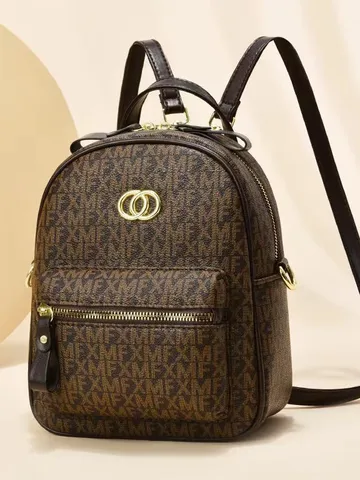 Zaino alla Moda da Donna in Pelle PU Monogramma Casual Viaggio Scuola Borsa per Libri Con Catena E Serratura Hardware Dorato Trendy Daypack