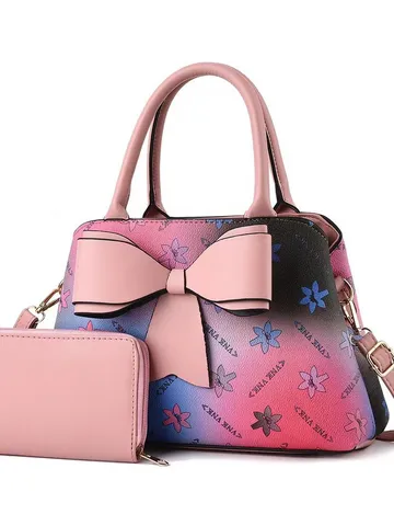 Borsa a Secchiello in Pelle PU da Donna Vintage Sfumata Borsa a Tracolla Grande Capacità Borsa con Fiocco con Portafoglio