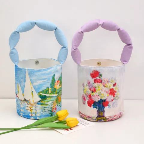 European Retro Oil Painting Canvas Bucket Bag Women Small Bento Handbag Cotton-Filled Handle Floral Printed Tote Bag
