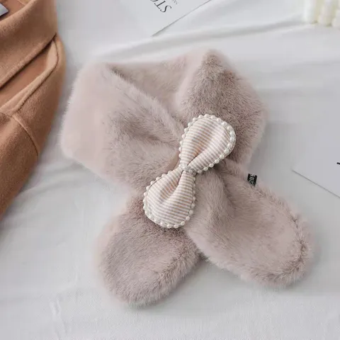 Sciarpa in Pelliccia Sintetica Ispessita Invernale da Donna Dolce Perle Fiocco Incrociato Scaldacollo Morbido Peluche Moda Sciarpa