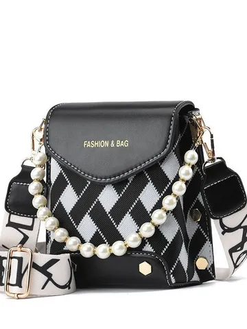 Borsa a Secchiello da Donna in Pelle PU alla Moda con Motivo a Quadri Borsa a Tracolla con Catena di Perle e Tracolla Larga