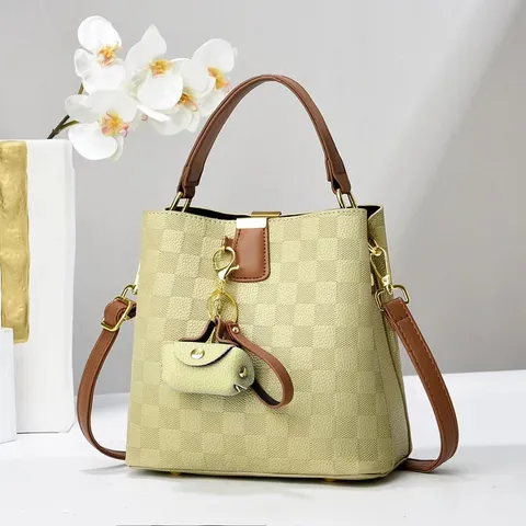 Moda Borsa a Secchiello a Quadri Pelle PU Grande Capacità Donna Spalla Tracolla Borsa con Manico Superiore