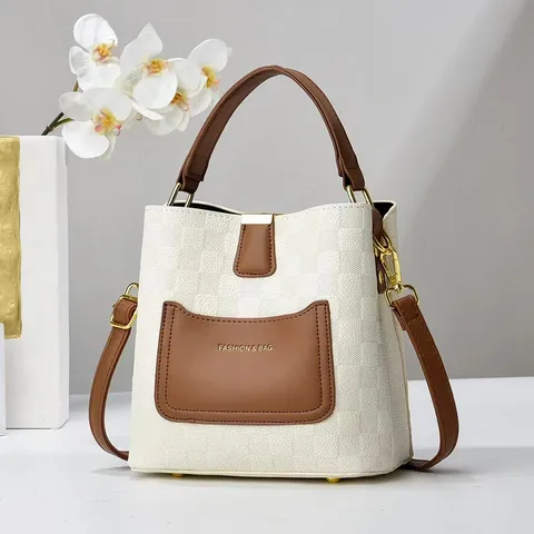 Moda Borsa a Secchiello a Quadri Pelle PU Grande Capacità Donna Spalla Tracolla Borsa con Manico Superiore