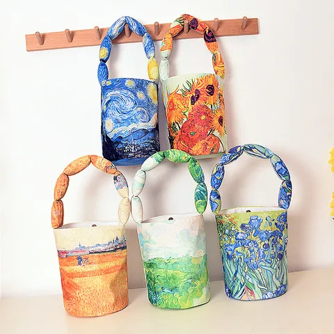 Van Gogh Oil Painting Print Cotton Padded Bucket Bag Women Casual Art Handbag Vintage Daily Carry Sundry Shoulder Bag