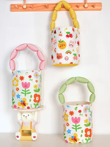 Cute Floral Print Canvas Bucket Bag With Puffed Cotton Handle Sweet Casual Small Handbag For Women Daily Matching