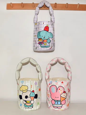 Cartoon Animal Print Padded Handle Bucket Bag Kids Casual Canvas Handbag Cute Baby Girl Daily Round Bag