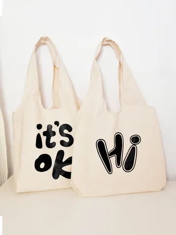 Casual Canvas Tote Bag For Women Large Capacity Shoulder Bag Minimalist Letter Print Daily Shopping Handbag