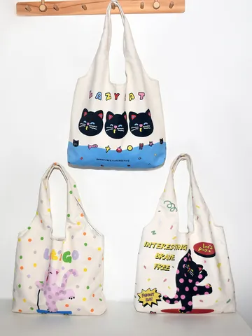 Women Canvas Tote Bag Large Capacity Casual Shoulder Bag Cute Cat Print Student Daily Shopping Handbag