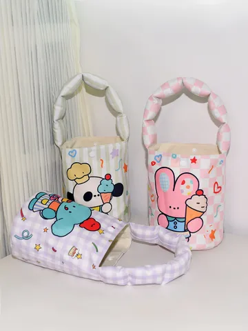Cartoon Animal Print Padded Handle Bucket Bag Kids Casual Canvas Handbag Cute Baby Girl Daily Round Bag