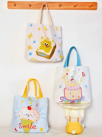 Women Casual Cartoon Print Canvas Tote Bag Cute Sweet Style Small Handbag Daily Student Hand Bag