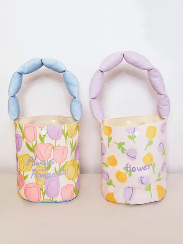 Women Small Bucket Bag Vintage Retro Polyester Tulip Floral Print Handbag Casual Daily Tote Shoulder Bag