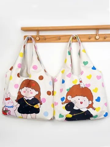 Women Canvas Tote Bag Large Capacity Casual Shoulder Bag Cute Cartoon Girl Print Handbag Student School Shopping Bag