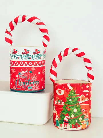 Christmas Bucket Bag Holiday Gift Candy Bag Red Polyester Handbag With Padded Handle Festive Party Decoration