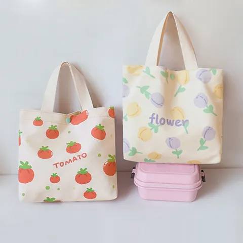 Canvas Handbag Tote Bag Cute Floral And Fruit Print Small Bento Bag Casual Daily Shopping Shoulder Bag For Women