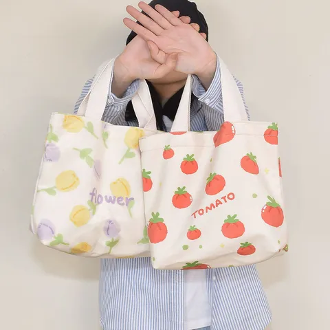 Canvas Handbag Tote Bag Cute Floral And Fruit Print Small Bento Bag Casual Daily Shopping Shoulder Bag For Women
