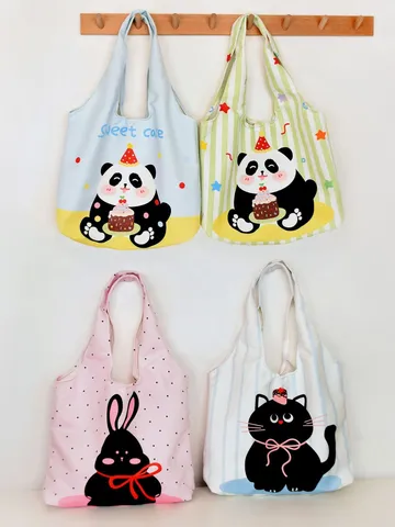 Women Cute Cartoon Animal Printed Canvas Tote Bag Large Capacity Casual Daily Shoulder Shopping Vest Bag