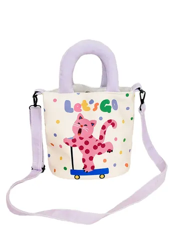 Women Casual Polyester Bucket Bag Cute Cat Print Polka Dot Crossbody Bag Small Handbag Ins Style Daily Travel Bag