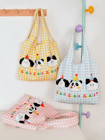 Large Capacity Plaid Tote Bag Cute Cartoon Animal Print Casual Shoulder Bag Lightweight Commuter Handbag For Women