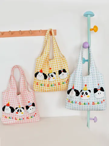 Large Capacity Plaid Tote Bag Cute Cartoon Animal Print Casual Shoulder Bag Lightweight Commuter Handbag For Women