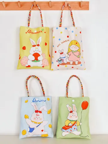 Cute Cartoon Rabbit Print Velveteen Top Handle Bag Small Casual Handbag Student Phone Bag Portable Tote