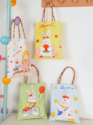 Cute Cartoon Rabbit Print Velveteen Top Handle Bag Small Casual Handbag Student Phone Bag Portable Tote