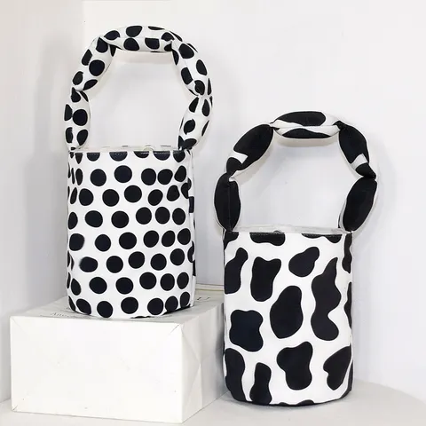 Women's Canvas Bucket Handbag Cute Polka Dot Cow Zebra Print Small Tote Bag