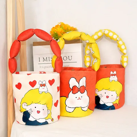 Women Cute Cartoon Print Puffer Bucket Bag Plush Soft Tote Bag Casual Contrast Color Travel Handbag Daily Purse