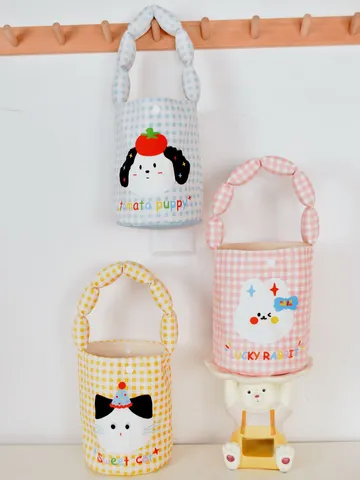 Cute Cartoon Animal Plaid Canvas Tote Bag Kids Kawaii Flannel Handbag Portable Sundries Storage Bag Kindergarten Gift