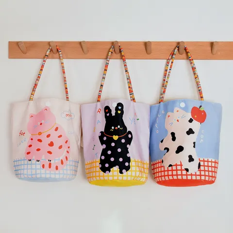 Cute Cartoon Animal Printed Velvet Handbag Polka-Dot Cat Tote Bag Children Sundry Bag Souvenir Gift Bag