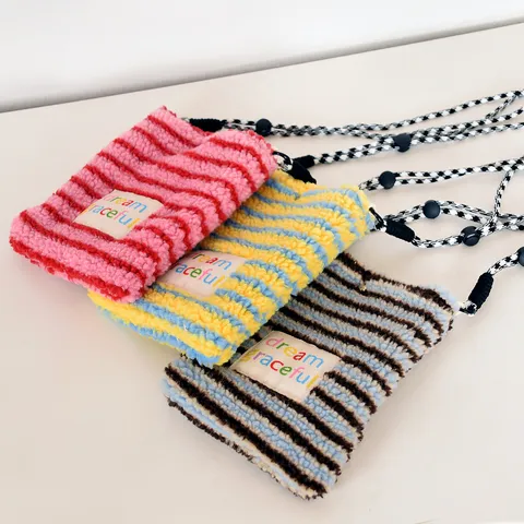 Autumn Winter Women Plush Crossbody Bag Striped Faux Shearling Phone Bag Casual Small Shoulder Bag Daily Purse