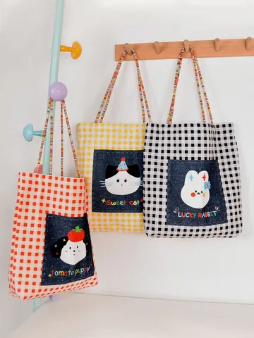 Women Canvas Tote Bag Large Capacity Grid Casual Shoulder Bag Cute Cartoon Print Handbag Daily Travel Shopping Bag