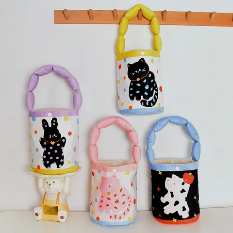 Kids Cute Cartoon Cat Print Plush Handbag Polka Dot Velvet Cylinder Tote Bag Children Daily Outing Storage Hand Bag