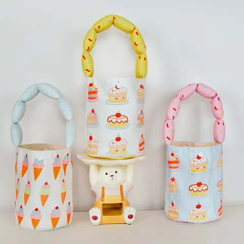 Cute Cartoon Print Canvas Velvet Bucket Bag Children Casual Tote Bag Portable Handbag Small Outdoor Travel Purse